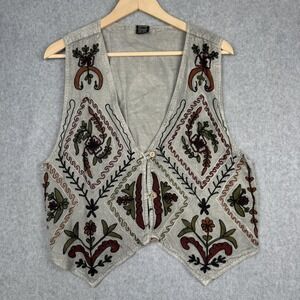 Sacred Threads Vest Womens One Size Gray Embroidered Boho Floral Button Up Artsy
